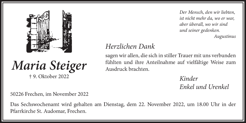  Traueranzeige für Maria Steiger vom 18.11.2022 aus  Wochenende 