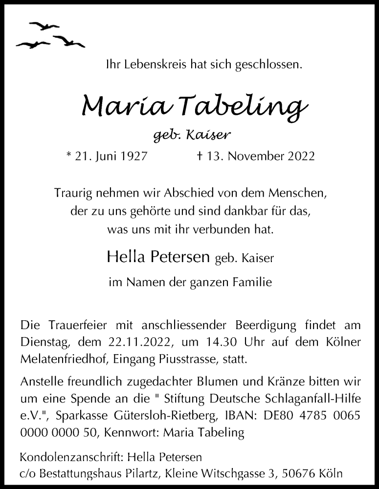  Traueranzeige für Maria Tabeling vom 19.11.2022 aus Kölner Stadt-Anzeiger / Kölnische Rundschau / Express