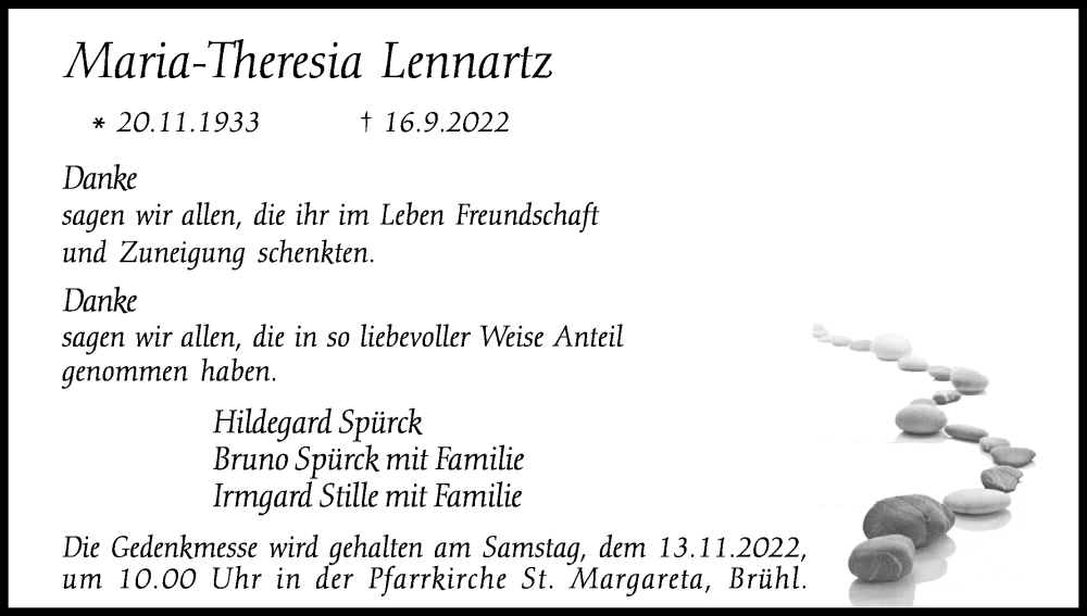  Traueranzeige für Maria-Theresia Lennartz vom 05.11.2022 aus Kölner Stadt-Anzeiger / Kölnische Rundschau / Express