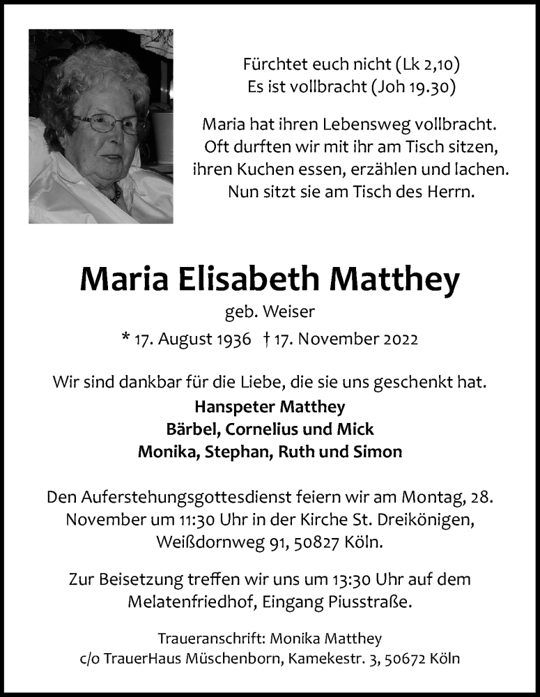  Traueranzeige für Maria Elisabeth Matthey vom 26.11.2022 aus Kölner Stadt-Anzeiger / Kölnische Rundschau / Express