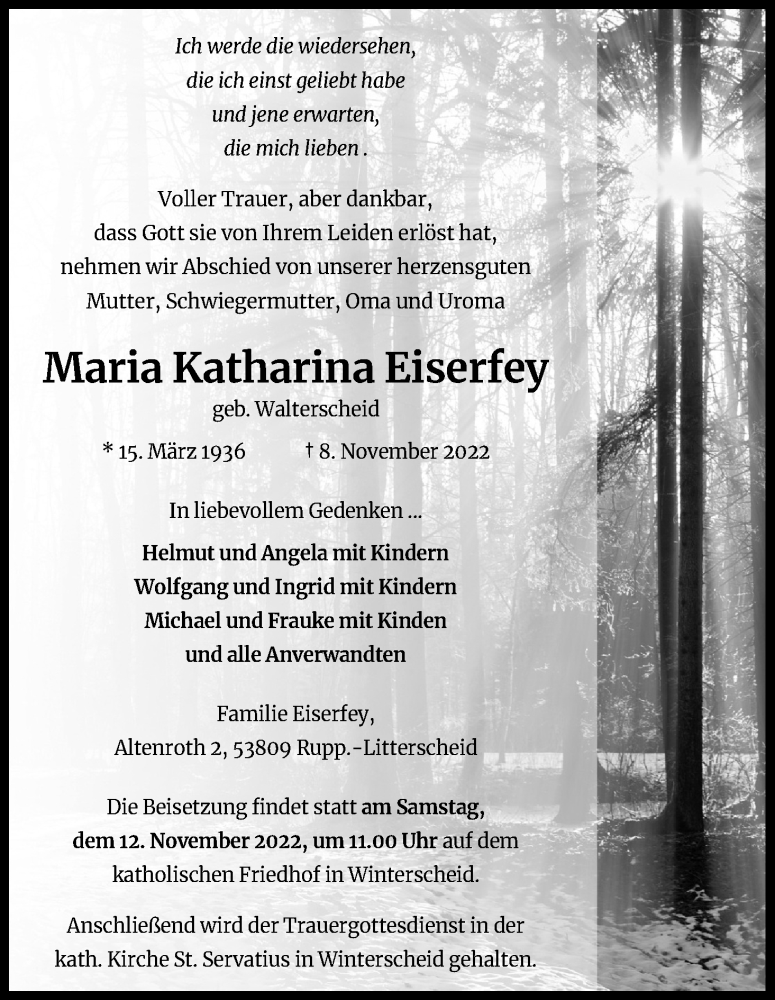  Traueranzeige für Maria Katharina Eiserfey vom 10.11.2022 aus Kölner Stadt-Anzeiger / Kölnische Rundschau / Express