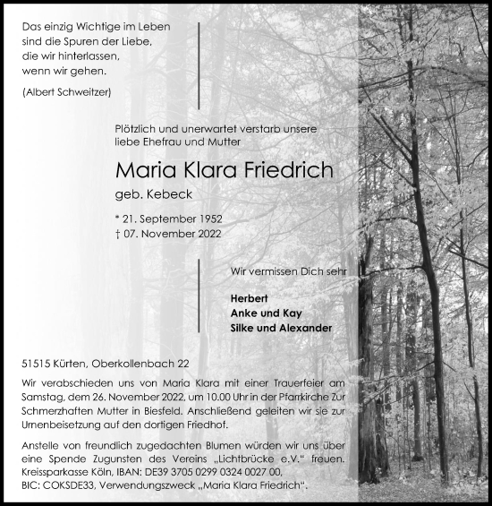 Anzeige von Maria Klara Friedrich von Kölner Stadt-Anzeiger / Kölnische Rundschau / Express