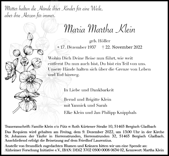 Anzeige von Maria Martha Klein von Kölner Stadt-Anzeiger / Kölnische Rundschau / Express