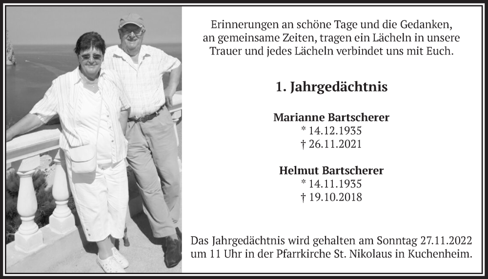  Traueranzeige für Marianne Bartscherer vom 19.11.2022 aus  Blickpunkt Euskirchen 