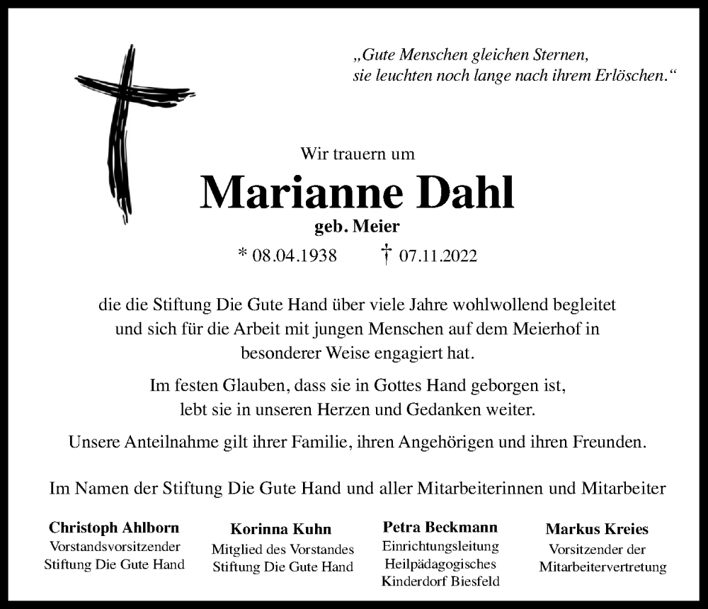  Traueranzeige für Marianne Dahl vom 19.11.2022 aus Kölner Stadt-Anzeiger / Kölnische Rundschau / Express