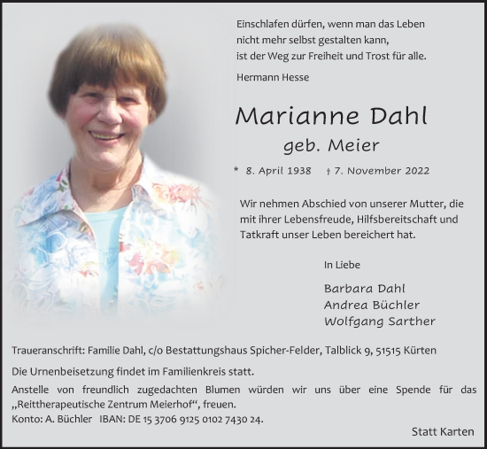 Anzeige von Marianne Dahl von Kölner Stadt-Anzeiger / Kölnische Rundschau / Express