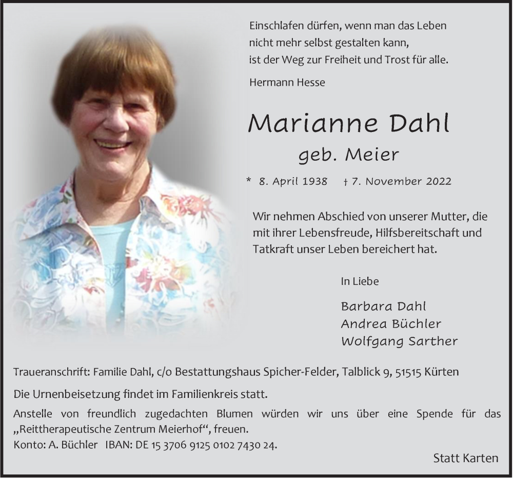  Traueranzeige für Marianne Dahl vom 18.11.2022 aus  Bergisches Handelsblatt 