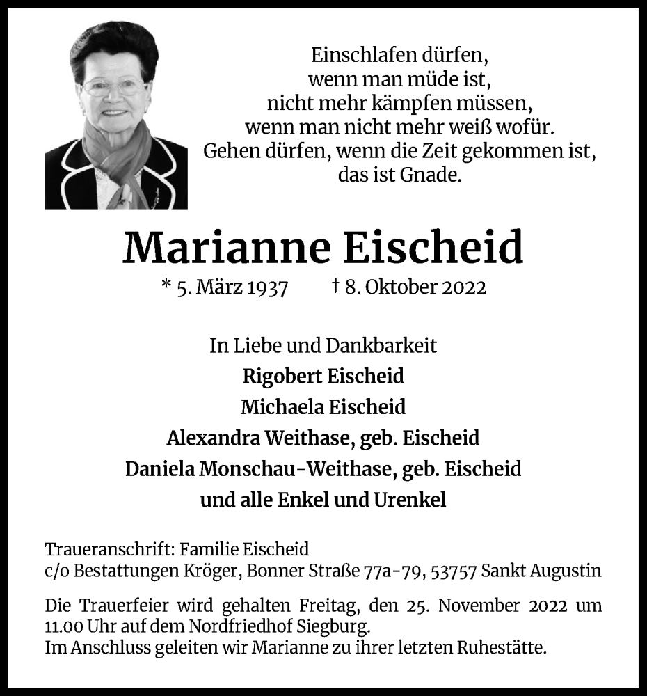  Traueranzeige für Marianne Eischeid vom 22.11.2022 aus Kölner Stadt-Anzeiger / Kölnische Rundschau / Express