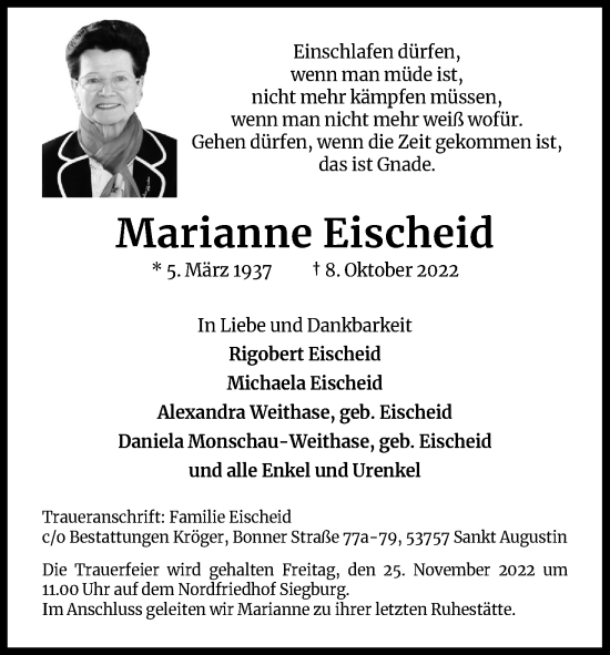 Anzeige von Marianne Eischeid von Kölner Stadt-Anzeiger / Kölnische Rundschau / Express