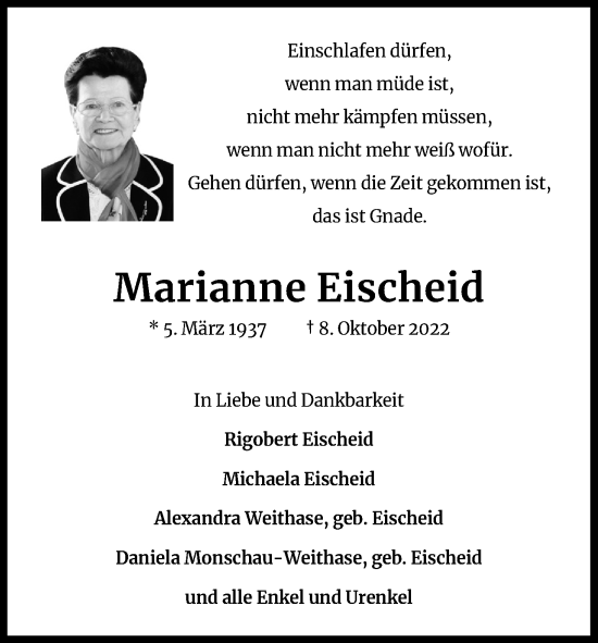 Anzeige von Marianne Eischeid von Kölner Stadt-Anzeiger / Kölnische Rundschau / Express