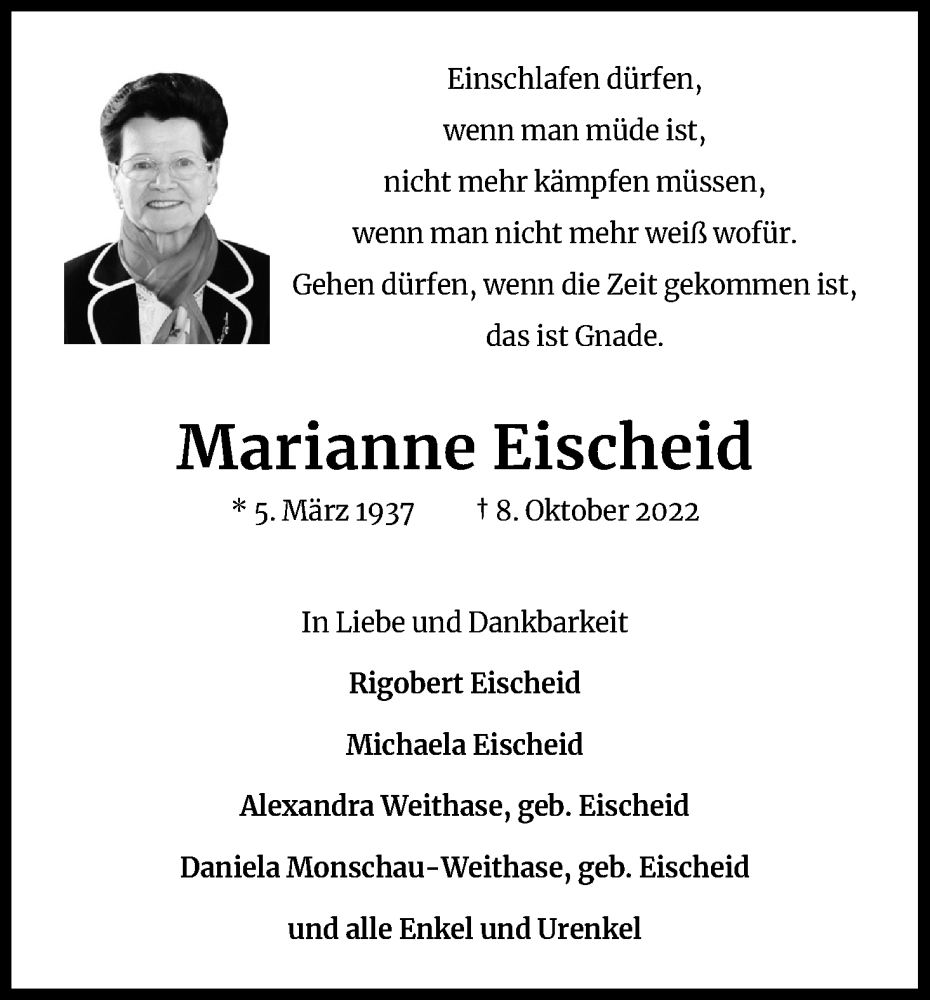  Traueranzeige für Marianne Eischeid vom 19.11.2022 aus Kölner Stadt-Anzeiger / Kölnische Rundschau / Express