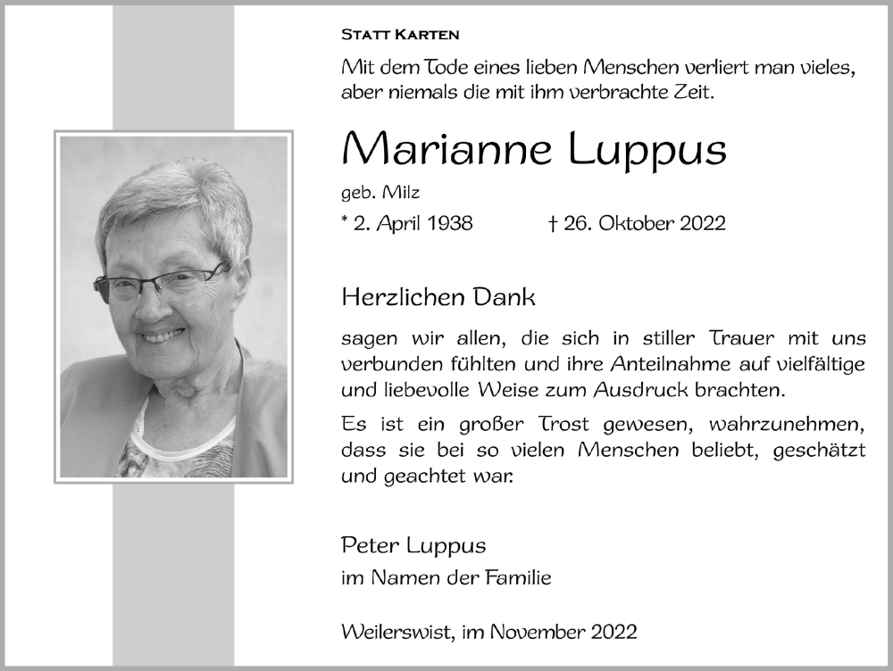  Traueranzeige für Marianne Luppus vom 26.11.2022 aus  Blickpunkt Euskirchen 
