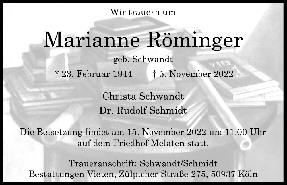  Traueranzeige für Marianne Röminger vom 12.11.2022 aus Kölner Stadt-Anzeiger / Kölnische Rundschau / Express