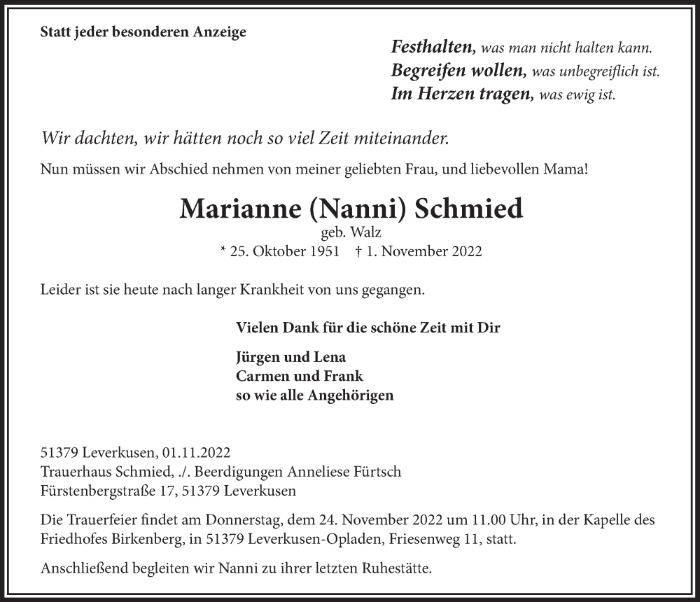  Traueranzeige für Marianne Schmied vom 18.11.2022 aus  Lokale Informationen 