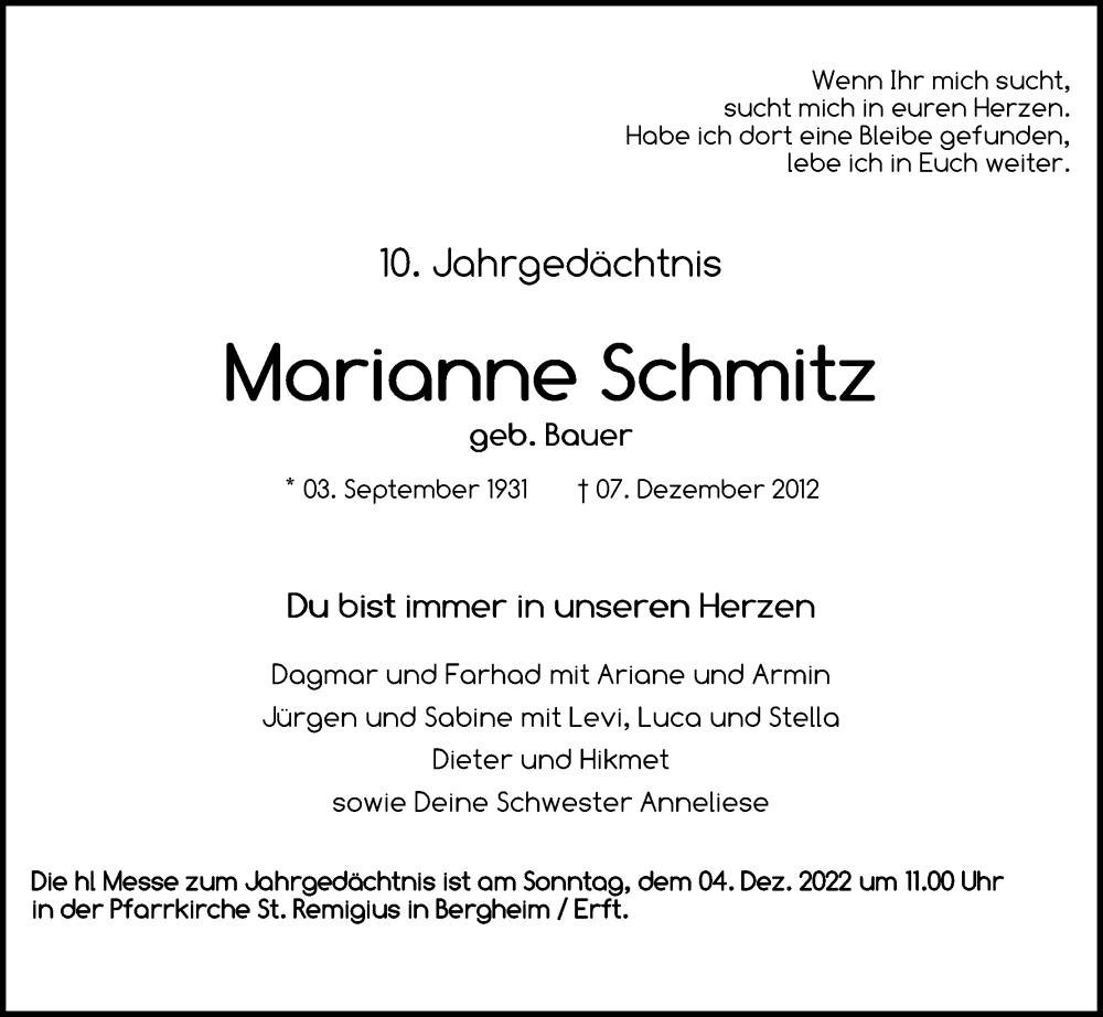  Traueranzeige für Marianne Schmitz vom 01.12.2022 aus Kölner Stadt-Anzeiger / Kölnische Rundschau / Express