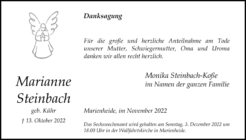  Traueranzeige für Marianne Steinbach vom 11.11.2022 aus  Anzeigen Echo 