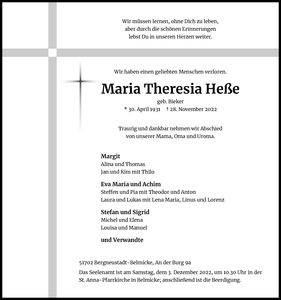  Traueranzeige für Maria Theresia Heße vom 01.12.2022 aus Kölner Stadt-Anzeiger / Kölnische Rundschau / Express