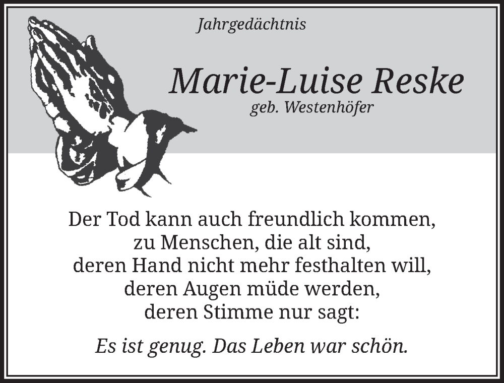  Traueranzeige für Marie-Luise Reske vom 25.11.2022 aus  Lokale Informationen 