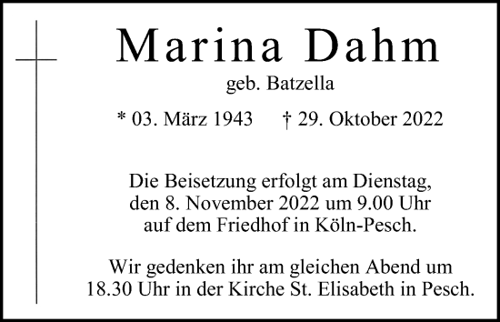 Anzeige von Marina Dahm von Kölner Stadt-Anzeiger / Kölnische Rundschau / Express
