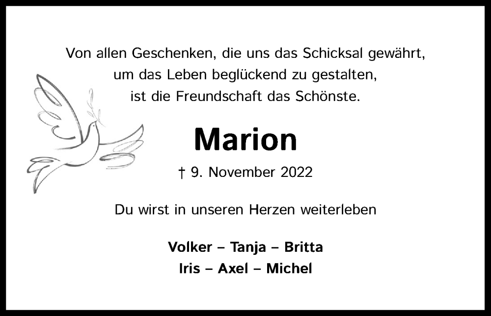  Traueranzeige für Marion Kahler vom 19.11.2022 aus Kölner Stadt-Anzeiger / Kölnische Rundschau / Express