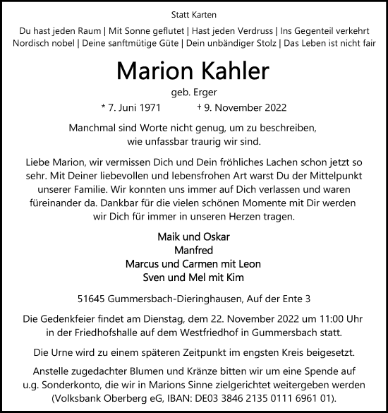 Anzeige von Marion Kahler von Kölner Stadt-Anzeiger / Kölnische Rundschau / Express