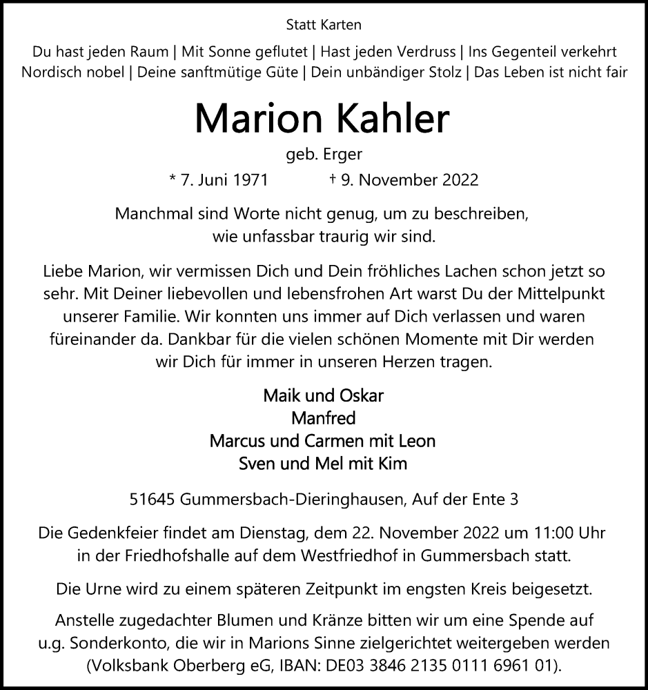  Traueranzeige für Marion Kahler vom 19.11.2022 aus Kölner Stadt-Anzeiger / Kölnische Rundschau / Express
