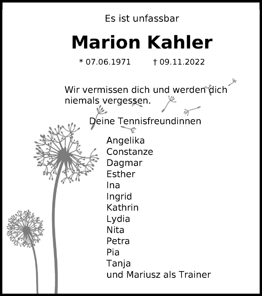  Traueranzeige für Marion Kahler vom 19.11.2022 aus Kölner Stadt-Anzeiger / Kölnische Rundschau / Express