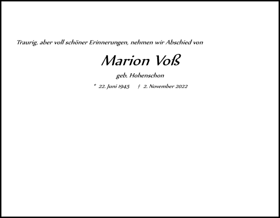 Anzeige von Marion Voß von Kölner Stadt-Anzeiger / Kölnische Rundschau / Express