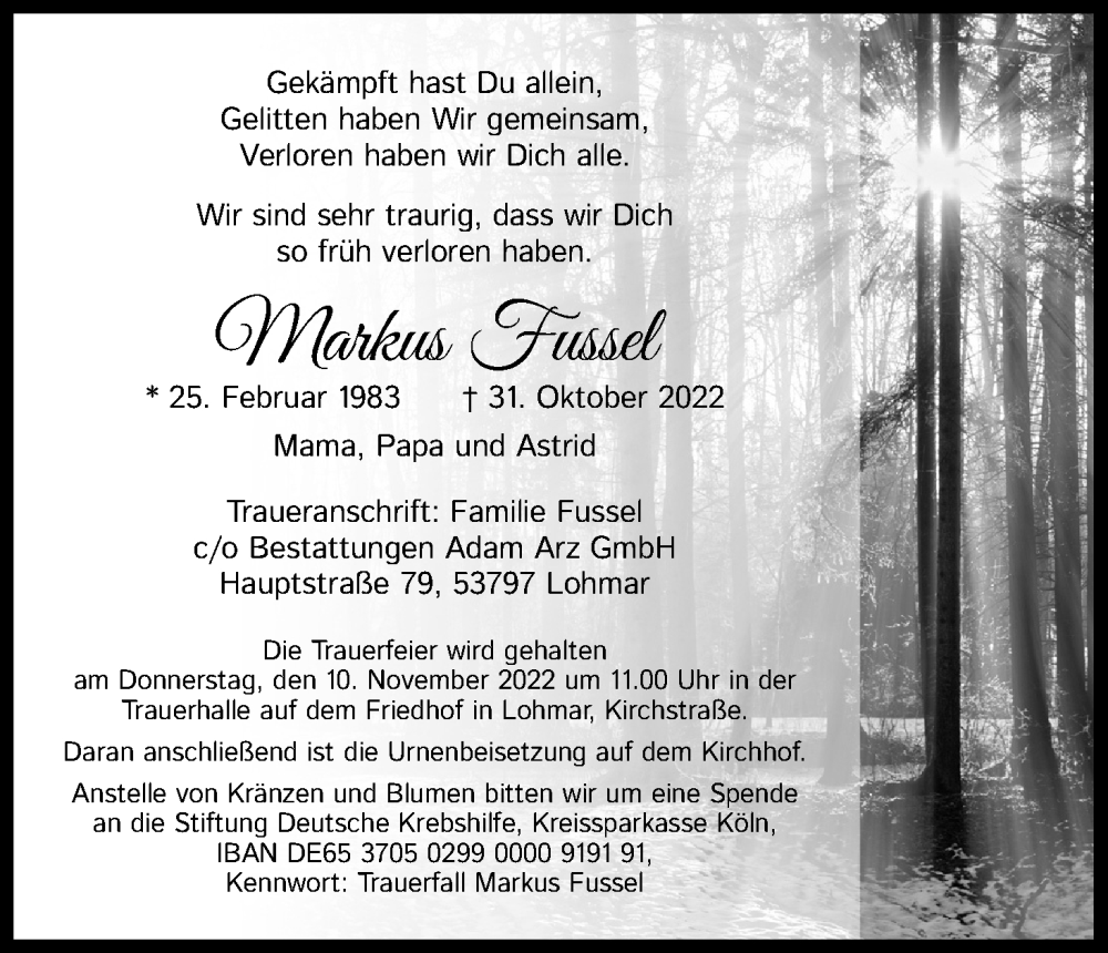  Traueranzeige für Markus Fussel vom 05.11.2022 aus Kölner Stadt-Anzeiger / Kölnische Rundschau / Express