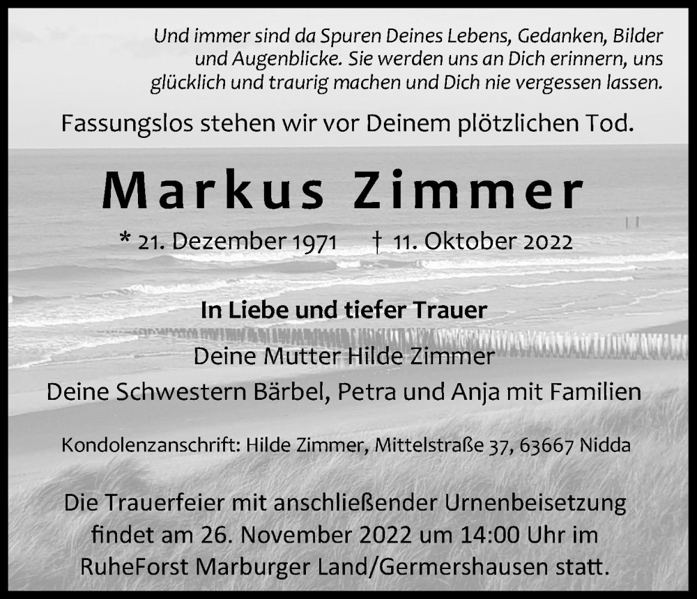  Traueranzeige für Markus Zimmer vom 12.11.2022 aus Kölner Stadt-Anzeiger / Kölnische Rundschau / Express