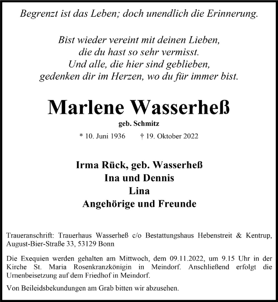  Traueranzeige für Marlene Wasserheß vom 04.11.2022 aus  Extra Blatt 