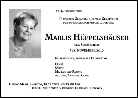 Anzeige von Marlies Hüppelshäuser von Kölner Stadt-Anzeiger / Kölnische Rundschau / Express