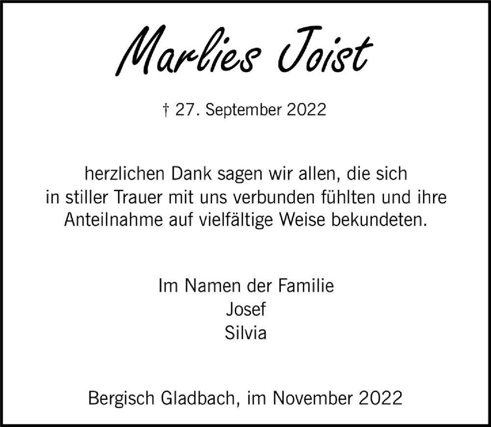  Traueranzeige für Marlies Joist vom 04.11.2022 aus  Bergisches Handelsblatt 