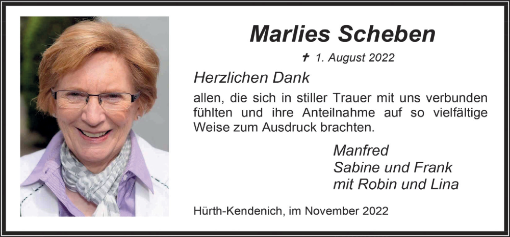  Traueranzeige für Marlies Scheben vom 11.11.2022 aus  Wochenende 