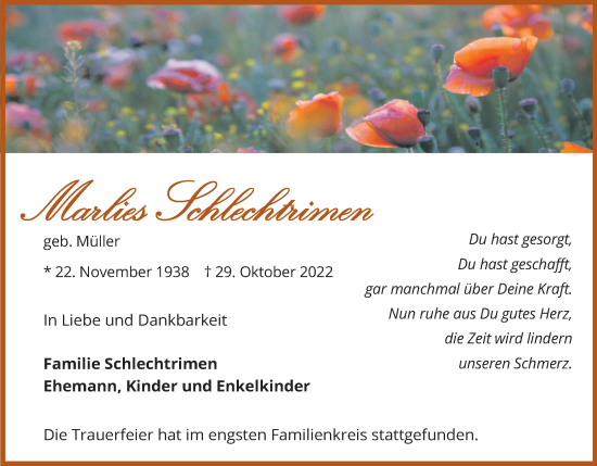 Anzeige von Marlies Schlechtrimen von Kölner Stadt-Anzeiger / Kölnische Rundschau / Express