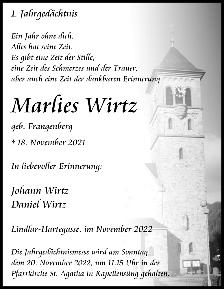  Traueranzeige für Marlies Wirtz vom 19.11.2022 aus Kölner Stadt-Anzeiger / Kölnische Rundschau / Express