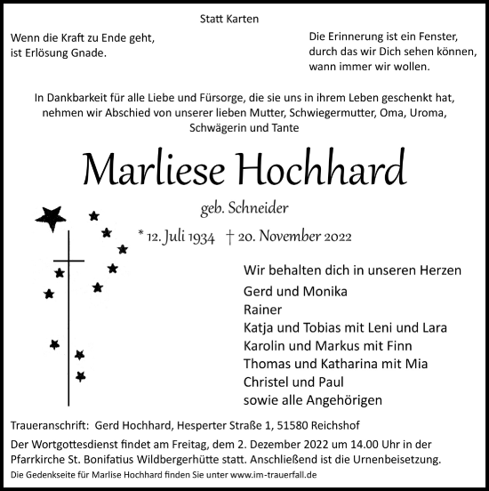 Anzeige von Marliese Hochhard von  Lokalanzeiger 
