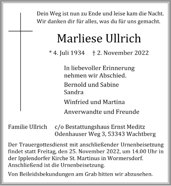 Anzeige von Marliese Ullrich von  Schaufenster/Blickpunkt 