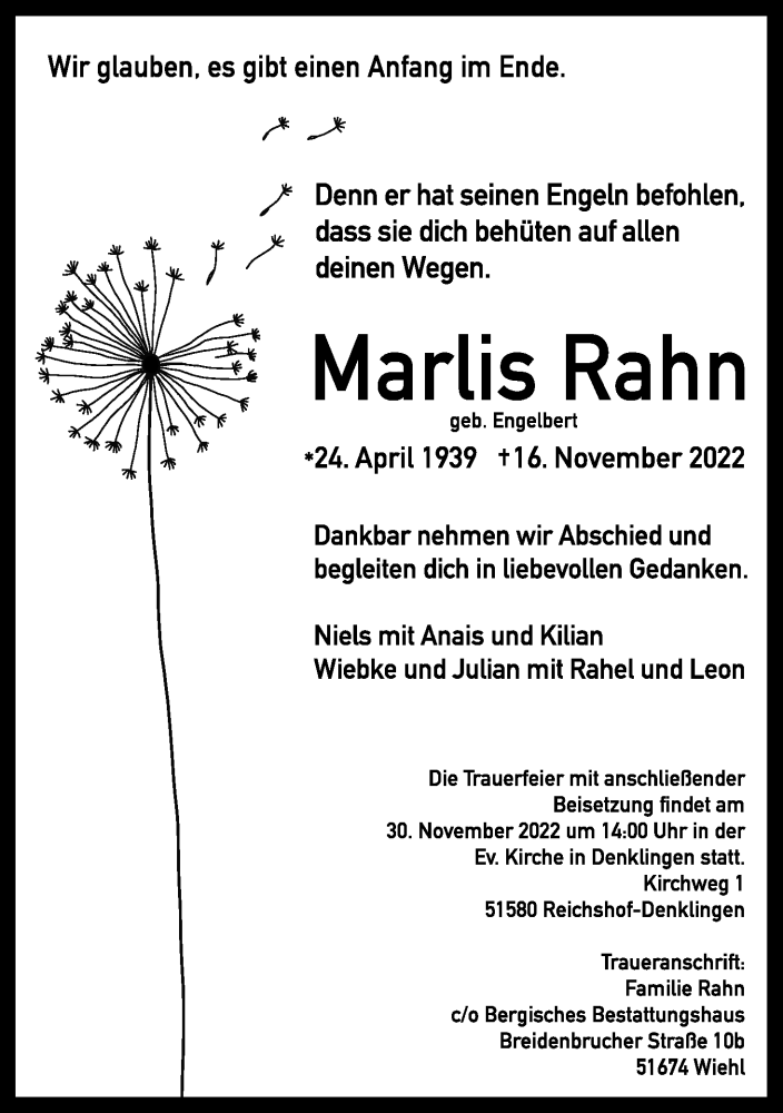  Traueranzeige für Marlis Rahn vom 26.11.2022 aus Kölner Stadt-Anzeiger / Kölnische Rundschau / Express