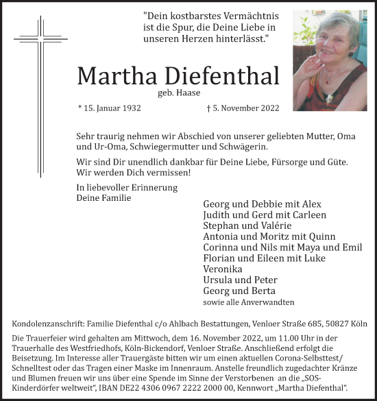 Anzeige von Martha Diefenthal von Kölner Stadt-Anzeiger / Kölnische Rundschau / Express