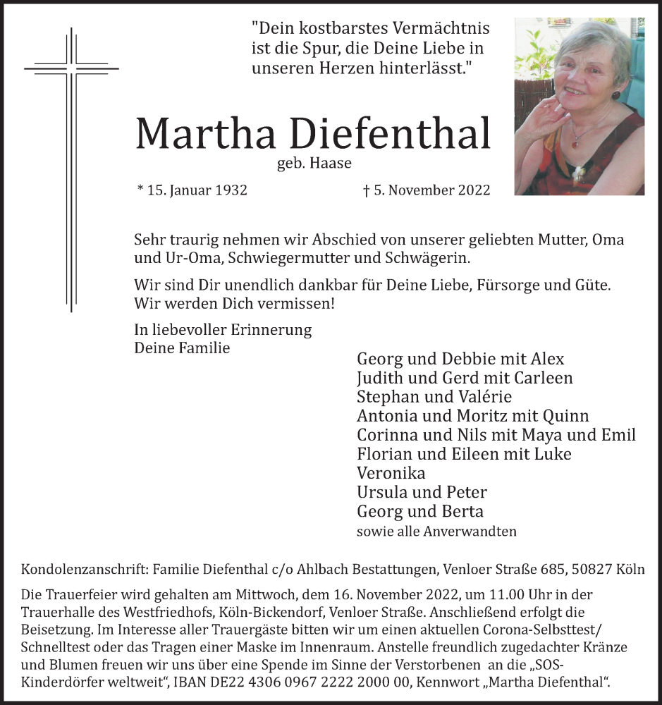  Traueranzeige für Martha Diefenthal vom 12.11.2022 aus Kölner Stadt-Anzeiger / Kölnische Rundschau / Express