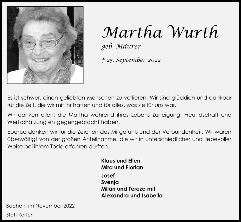  Traueranzeige für Martha Wurth vom 12.11.2022 aus Kölner Stadt-Anzeiger / Kölnische Rundschau / Express