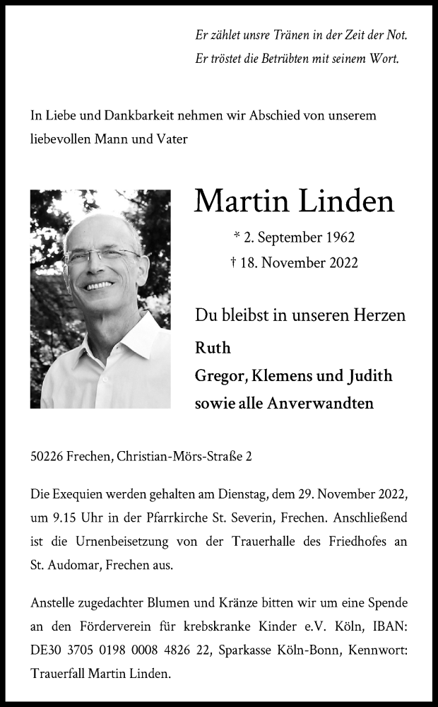  Traueranzeige für Martin Linden vom 26.11.2022 aus Kölner Stadt-Anzeiger / Kölnische Rundschau / Express