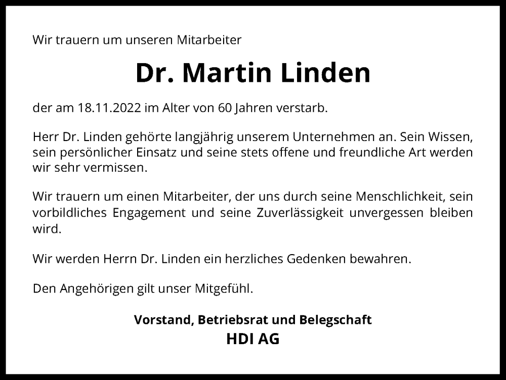  Traueranzeige für Martin Linden vom 26.11.2022 aus Kölner Stadt-Anzeiger / Kölnische Rundschau / Express