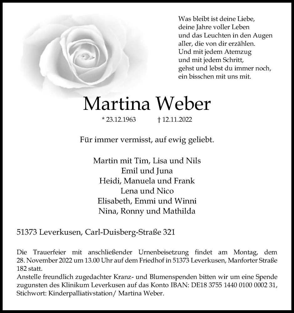  Traueranzeige für Martina Weber vom 23.11.2022 aus Kölner Stadt-Anzeiger / Kölnische Rundschau / Express