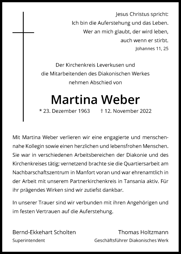  Traueranzeige für Martina Weber vom 26.11.2022 aus Kölner Stadt-Anzeiger / Kölnische Rundschau / Express