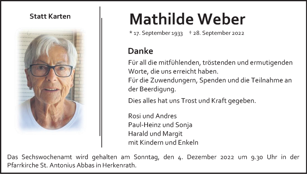 Traueranzeige für Mathilde Weber vom 26.11.2022 aus Kölner Stadt-Anzeiger / Kölnische Rundschau / Express