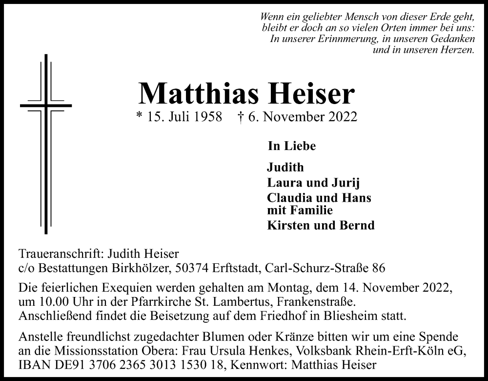  Traueranzeige für Matthias Heiser vom 12.11.2022 aus Kölner Stadt-Anzeiger / Kölnische Rundschau / Express