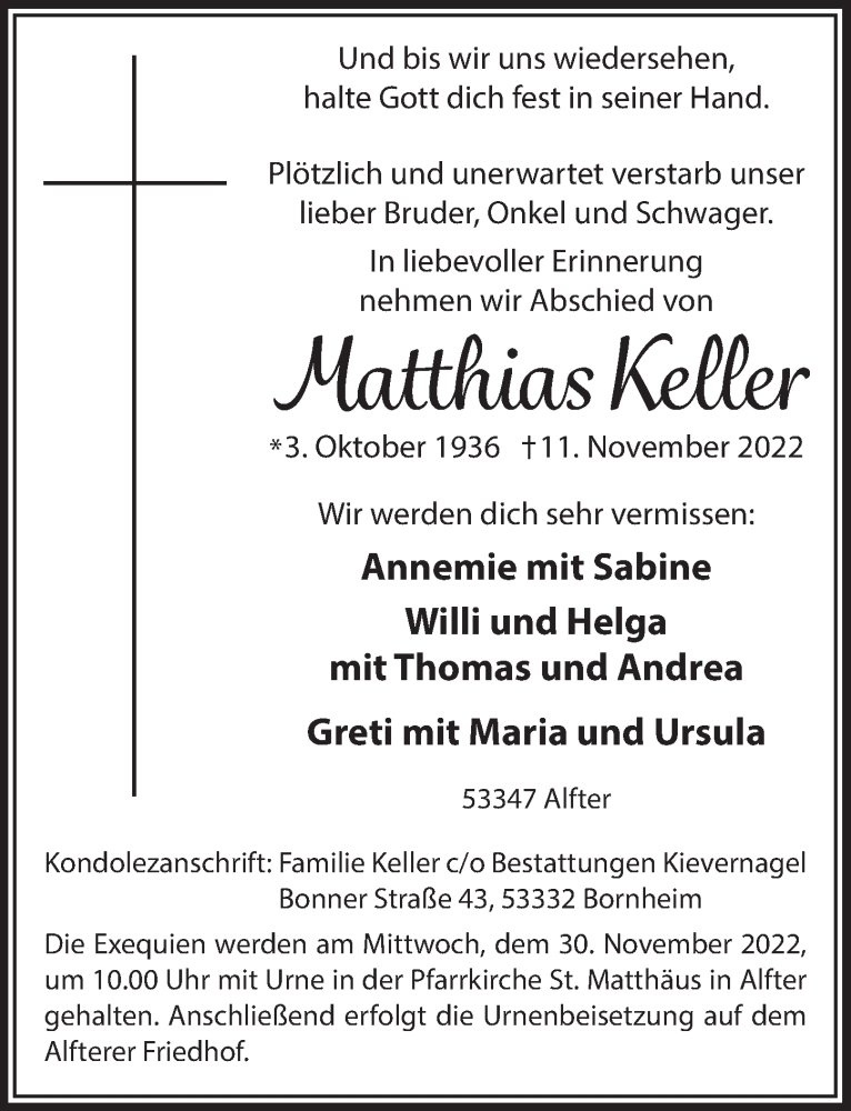  Traueranzeige für Matthias Keller vom 18.11.2022 aus  Schaufenster/Blickpunkt 