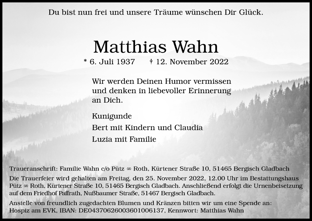 Traueranzeige für Matthias Wahn vom 19.11.2022 aus Kölner Stadt-Anzeiger / Kölnische Rundschau / Express